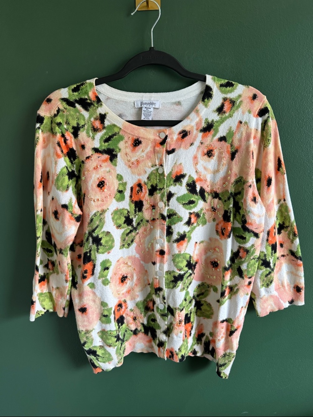 Vintage Hampshire Studio Floral Sequin Crewneck Cardigan Petite L